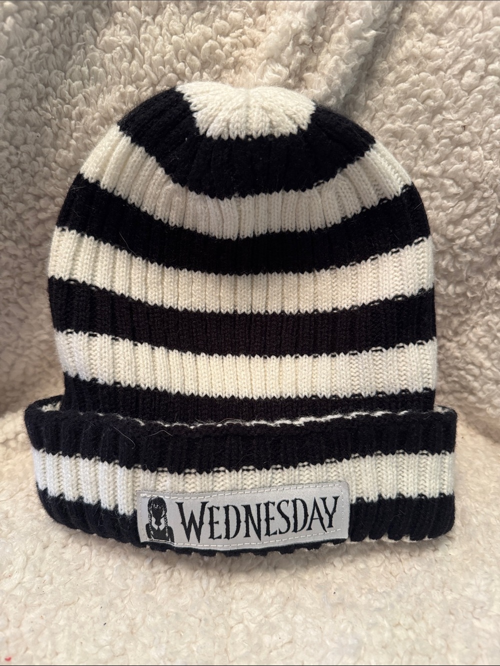 Wednesday Black & White Striped Knit Beanie OSFM